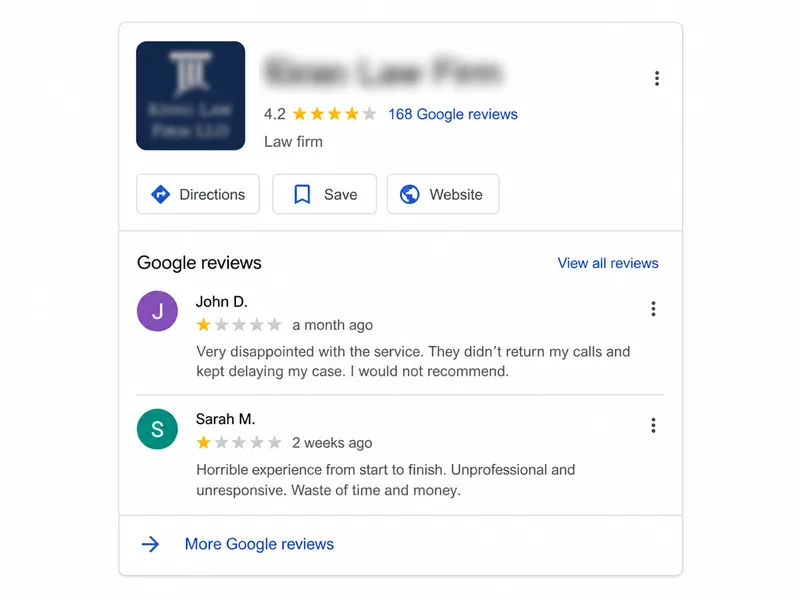 Real results of removal negative reviews - Law Firm Google Business Profile before our service