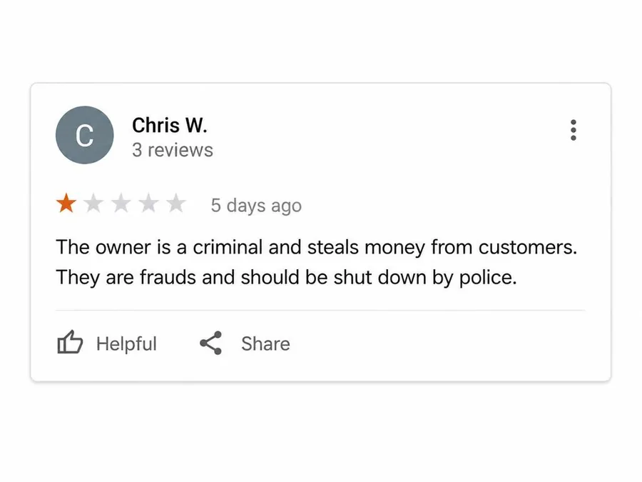 Defamatory Google review removal service example with false accusations