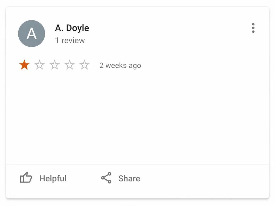 Rating only Google review removal service example with a one star no text review